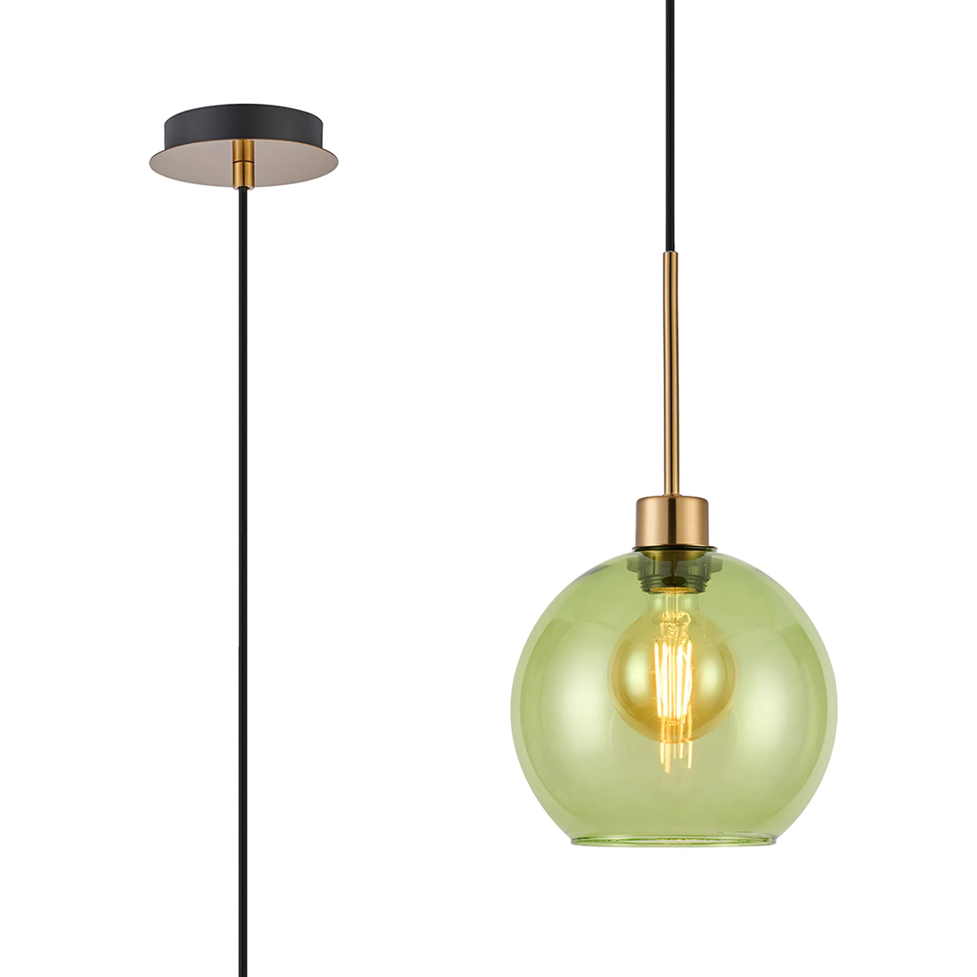 DK1168  Lori 1.7m Single Pendant, 1 Light Adjustable E27, Antique Gold/Green Open Mouth Round Globe Shades